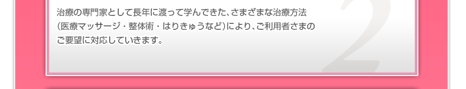 治療の専門家として長年に渡って学んできた、さまざまな治療方法（医療マッサージ・整体術・はりきゅうなど）により、ご利用者さまのご要望に対応していきます。