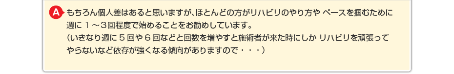 もちろん個人差はあると思いますが、ほとんどの方がリハビリのやり方や ペースを掴むために週に2回で始めることをお勧めしています。 （いきなり週に5回や6回などと回数を増やすと施術者が来た時にしか リハビリを頑張ってやらないなど依存が強くなる傾向がありますので・・・）